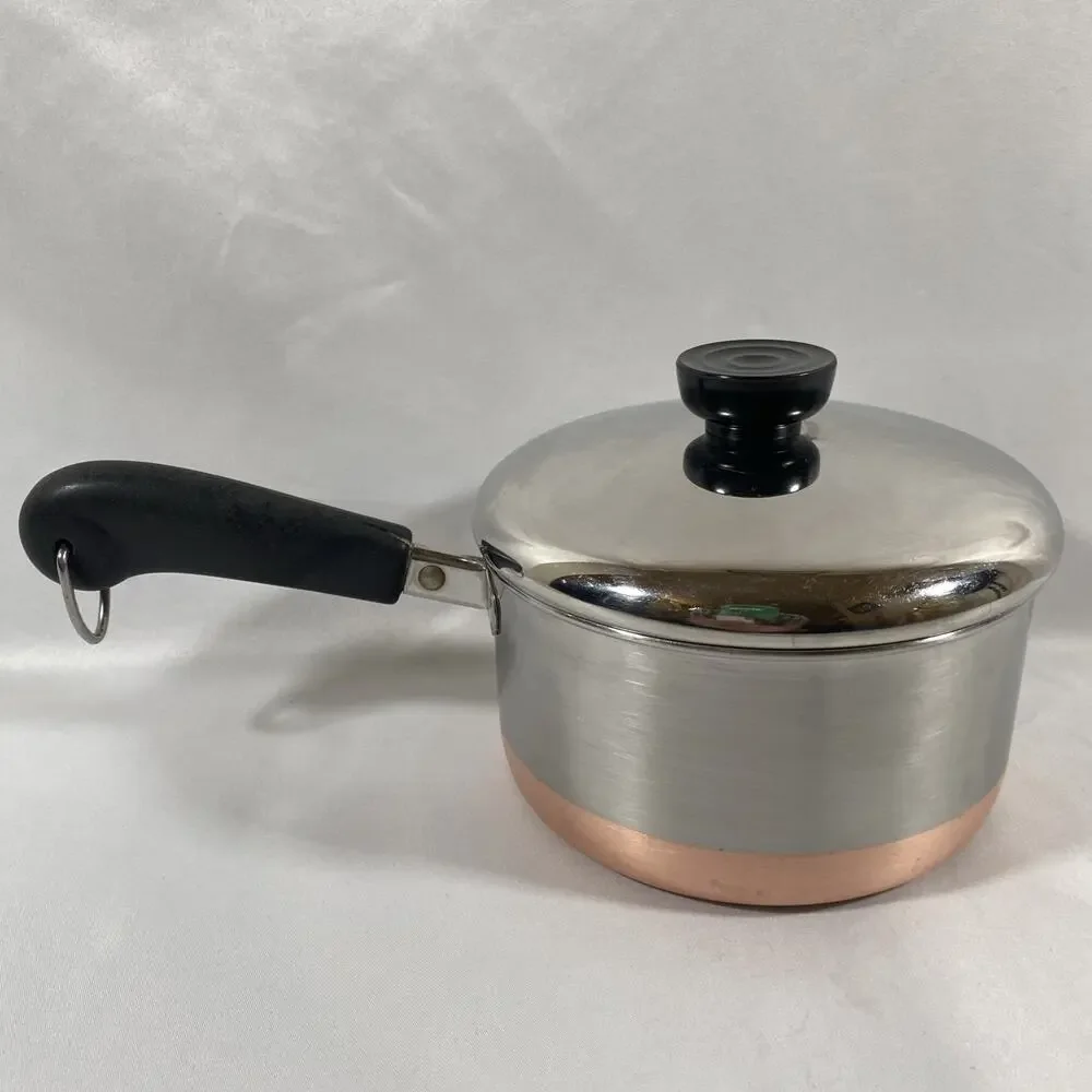 1801 Revere Ware 1 1/2 Qt Copper Bottom Pot Lid Clinton 98 f Stainless *Crack*